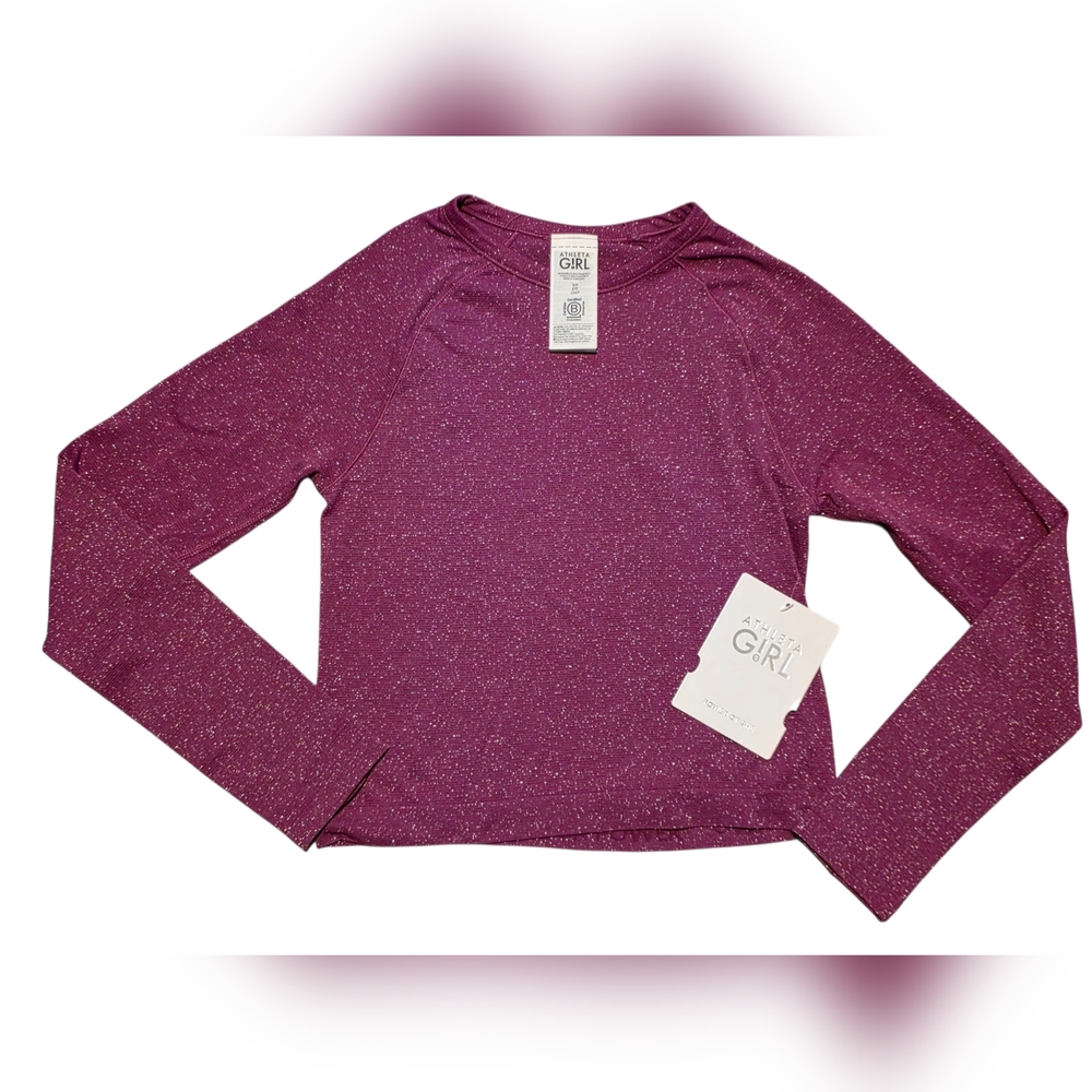 Athleta Girl Power Up Sport Length Shimmer Top Purple Fitted Long Sleeve